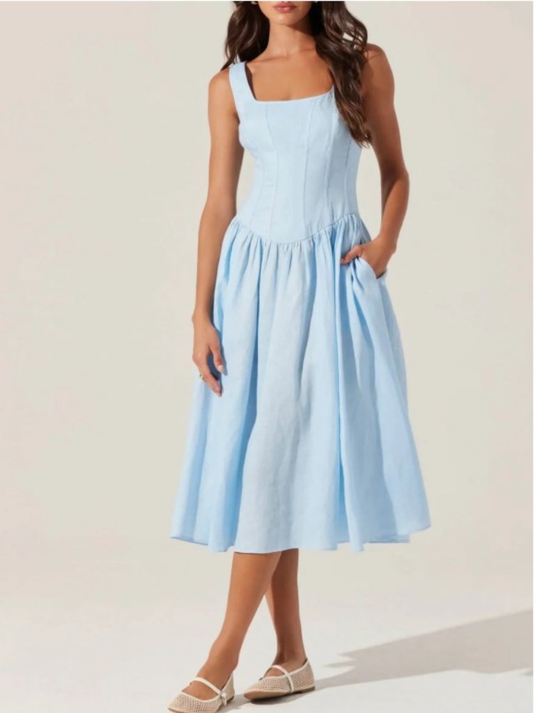 Astr The Label Thierry Linen Midi Dress-Blue